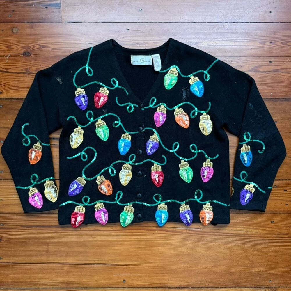 Vintage Jane's Closet Cardigan Sweater Women's Size L Christmas Lights Embroider